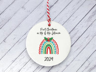 Ceramic Circle Decoration - Xmas rainbow personalised first xmas as mr & mrs