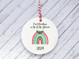 Ceramic Circle Decoration - Xmas rainbow personalised first xmas as mr & mrs