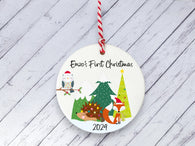 Ceramic Circle Decoration - Baby's first Xmas festive friends personalised