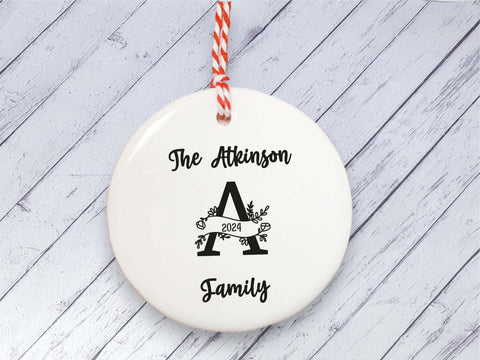 Ceramic Circle Decoration - Monochrome monogram family name personalised