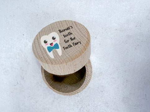 My First Tooth Wooden Circle Tin Blue Bowtie