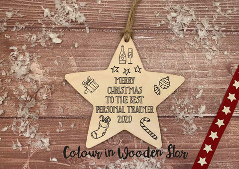 Wooden Colour In Doodle Star Ornament or magnet - Merry Xmas to the best Personal Trainer