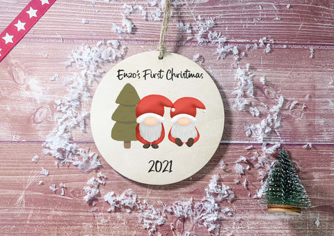Wooden Circle Decoration - baby's first xmas santa gonk