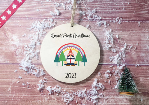 Wooden Circle Decoration - Rainbow gonk baby's first xmas