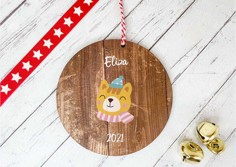 Dark Wood Circle Decoration - child's name bear