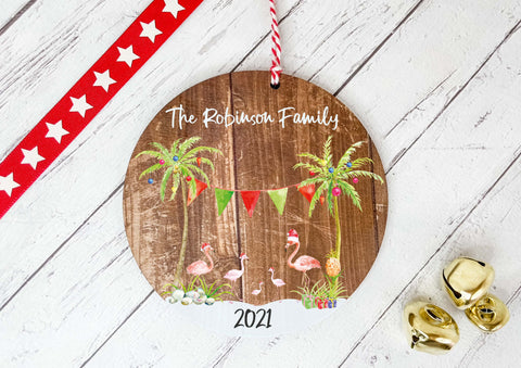 Dark Wood Circle Decoration - Flamingo family